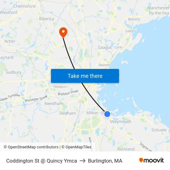 Coddington St @ Quincy Ymca to Burlington, MA map