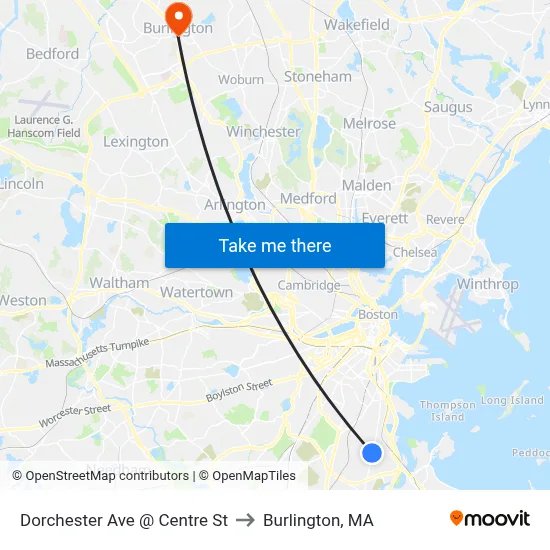 Dorchester Ave @ Centre St to Burlington, MA map