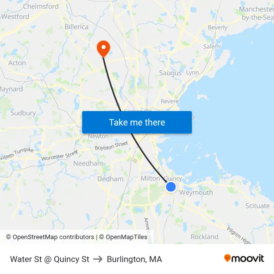 Water St @ Quincy St to Burlington, MA map
