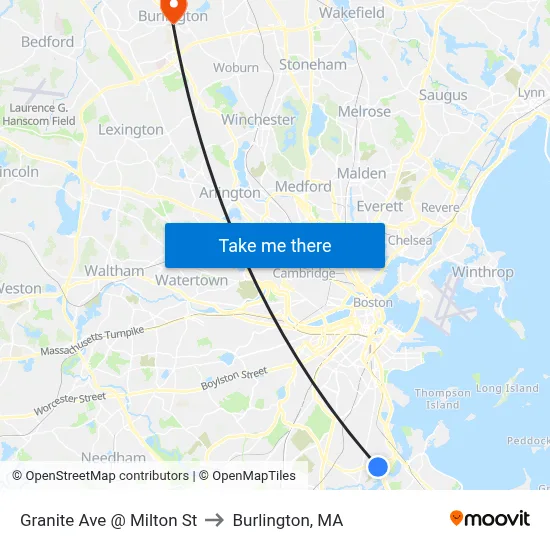 Granite Ave @ Milton St to Burlington, MA map