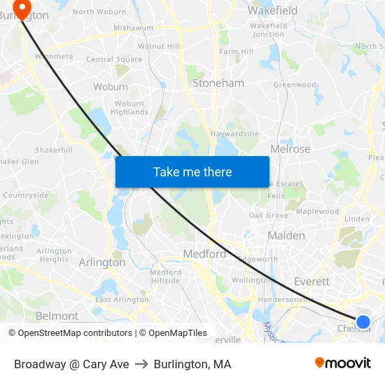 Broadway @ Cary Ave to Burlington, MA map