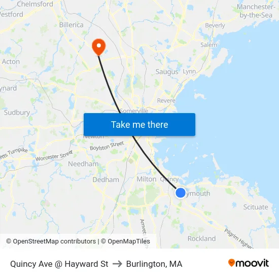 Quincy Ave @ Hayward St to Burlington, MA map