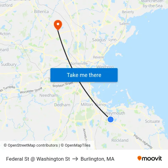 Federal St @ Washington St to Burlington, MA map