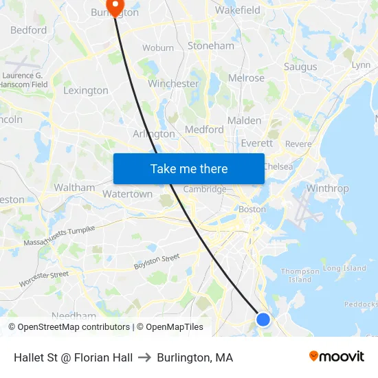 Hallet St @ Florian Hall to Burlington, MA map