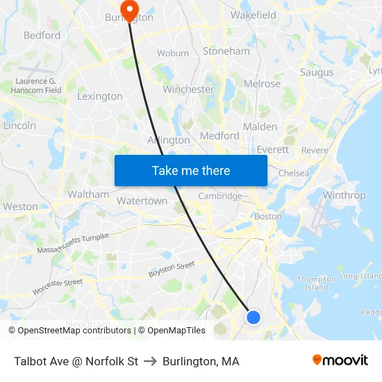 Talbot Ave @ Norfolk St to Burlington, MA map