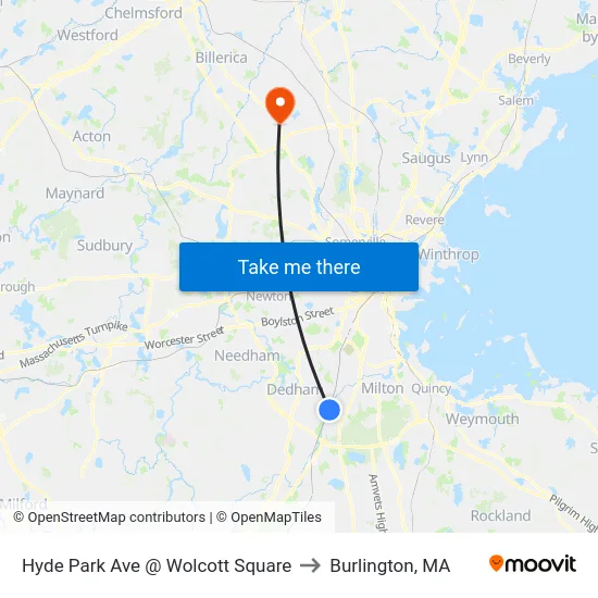Hyde Park Ave @ Wolcott Square to Burlington, MA map
