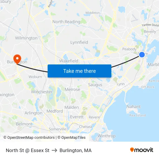 North St @ Essex St to Burlington, MA map