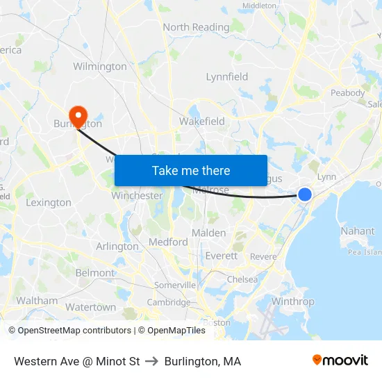 Western Ave @ Minot St to Burlington, MA map