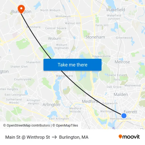 Main St @ Winthrop St to Burlington, MA map