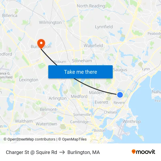Charger St @ Squire Rd to Burlington, MA map