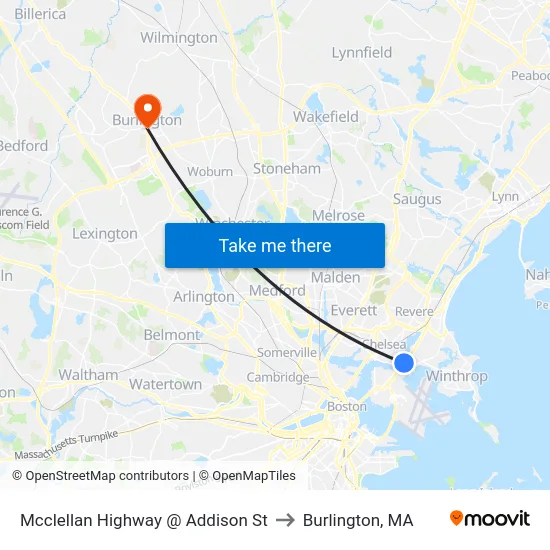 Mcclellan Highway @ Addison St to Burlington, MA map