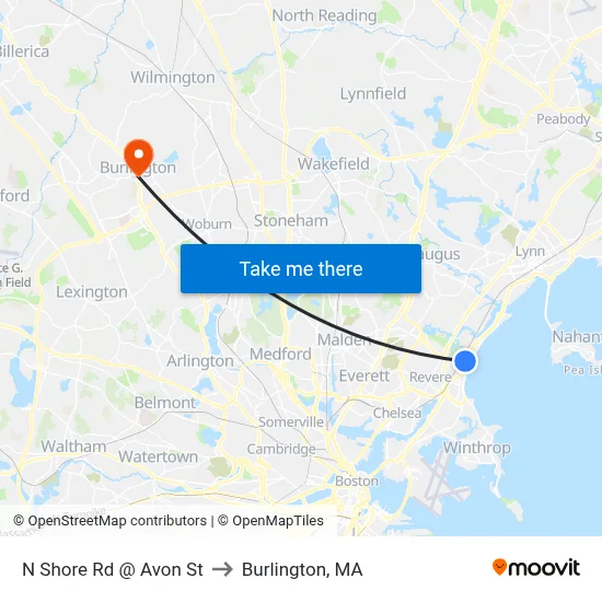 N Shore Rd @ Avon St to Burlington, MA map