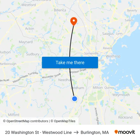 20 Washington St - Westwood Line to Burlington, MA map