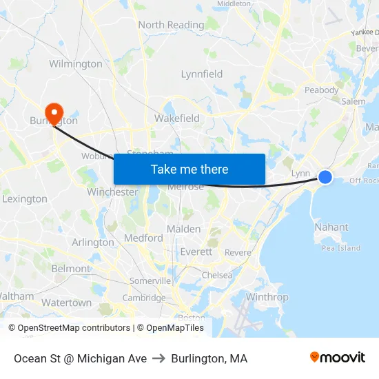 Ocean St @ Michigan Ave to Burlington, MA map