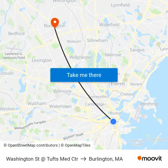 Washington St @ Tufts Med Ctr to Burlington, MA map