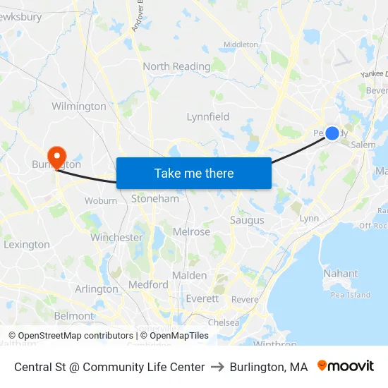 Central St @ Community Life Center to Burlington, MA map