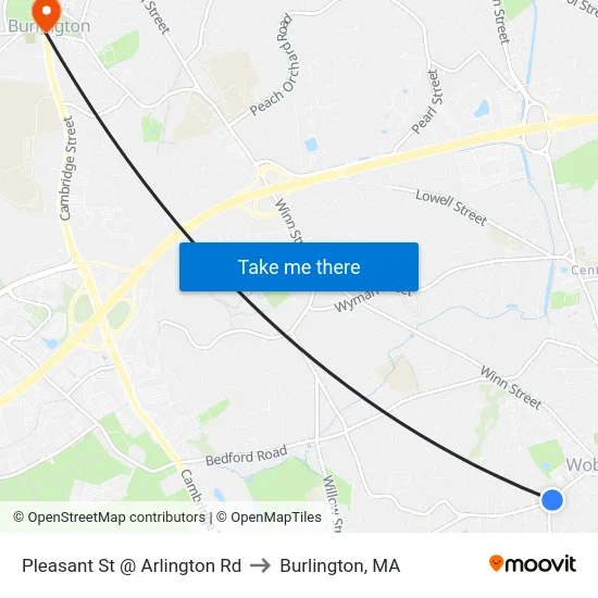 Pleasant St @ Arlington Rd to Burlington, MA map