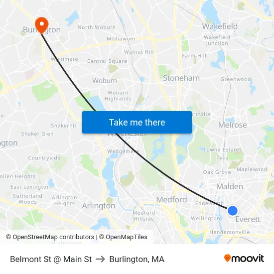 Belmont St @ Main St to Burlington, MA map