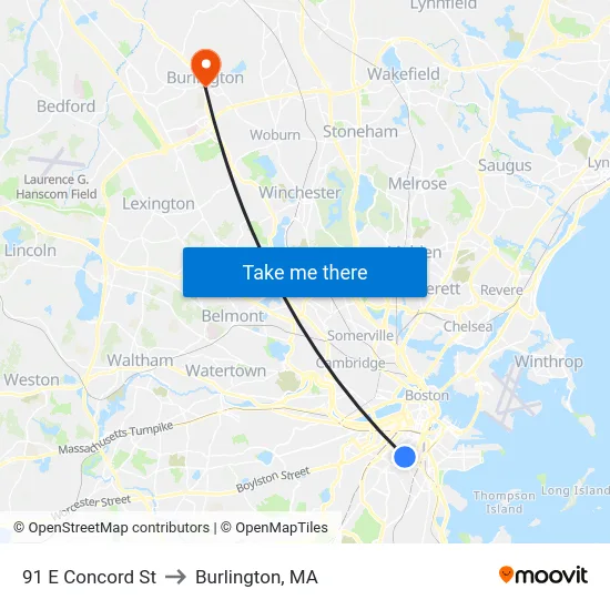 91 E Concord St to Burlington, MA map