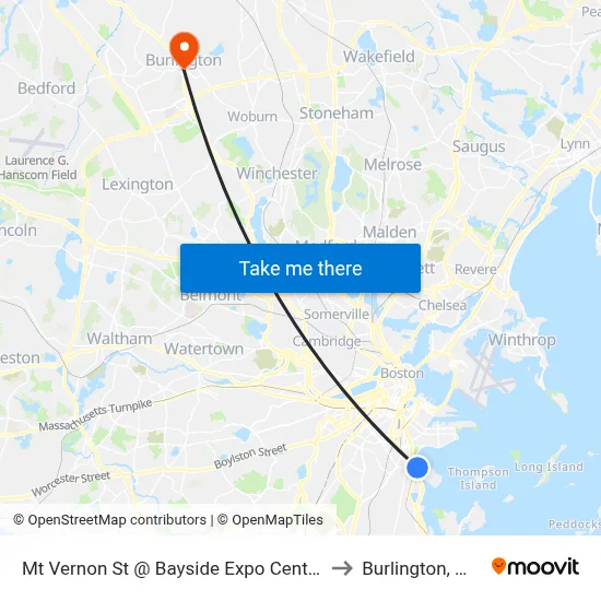 Mt Vernon St @ Bayside Expo Center to Burlington, MA map
