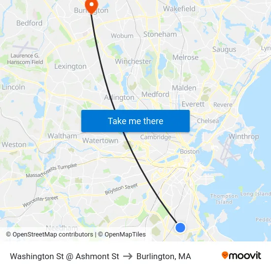 Washington St @ Ashmont St to Burlington, MA map