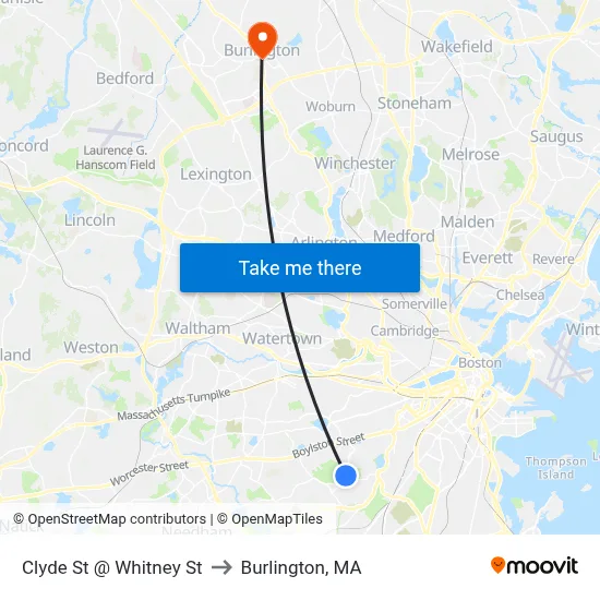 Clyde St @ Whitney St to Burlington, MA map