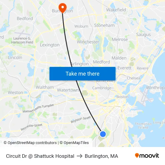 Circuit Dr @ Shattuck Hospital to Burlington, MA map