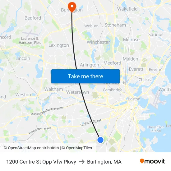 1200 Centre St Opp Vfw Pkwy to Burlington, MA map