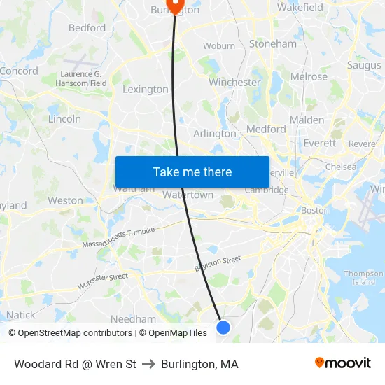 Woodard Rd @ Wren St to Burlington, MA map