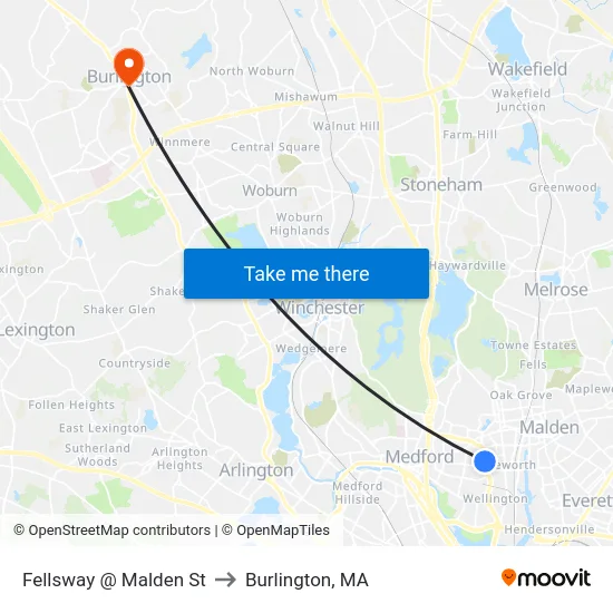 Fellsway @ Malden St to Burlington, MA map