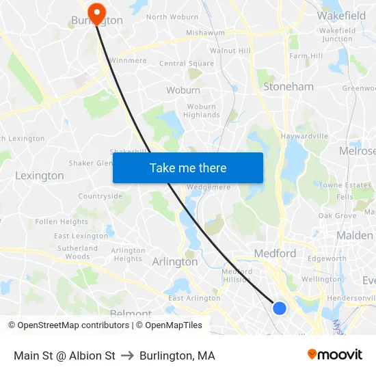 Main St @ Albion St to Burlington, MA map
