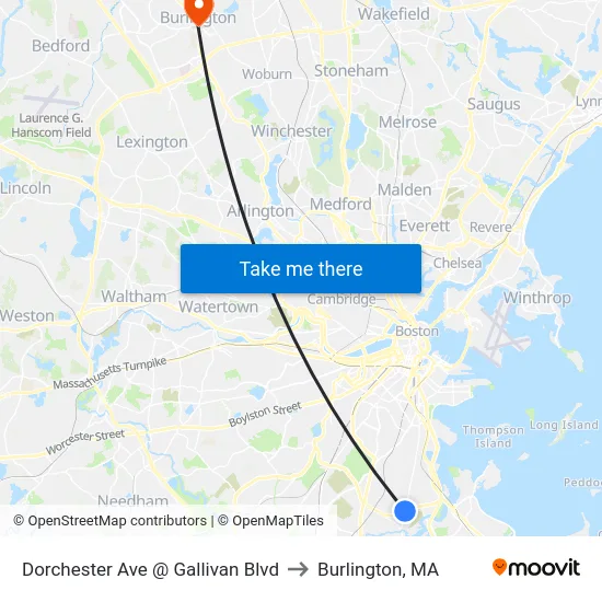 Dorchester Ave @ Gallivan Blvd to Burlington, MA map