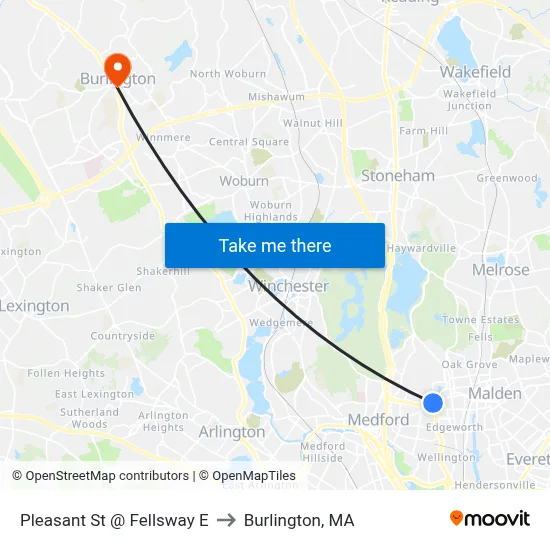 Pleasant St @ Fellsway E to Burlington, MA map