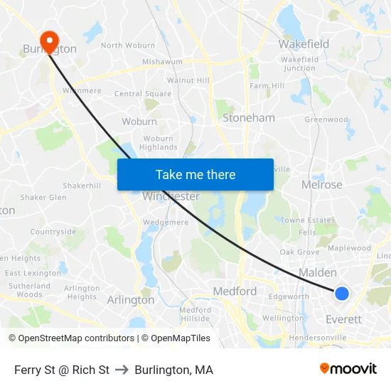 Ferry St @ Rich St to Burlington, MA map