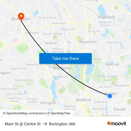 Main St @ Centre St to Burlington, MA map