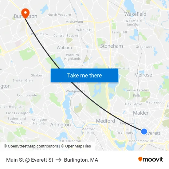 Main St @ Everett St to Burlington, MA map