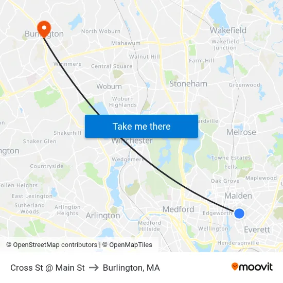 Cross St @ Main St to Burlington, MA map
