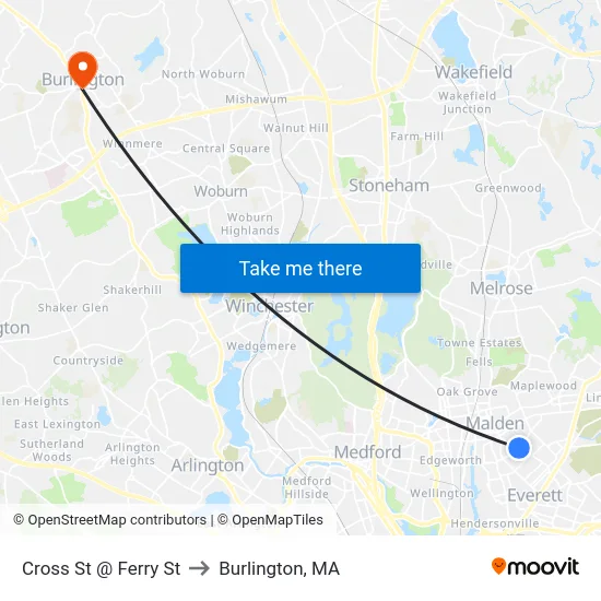 Cross St @ Ferry St to Burlington, MA map
