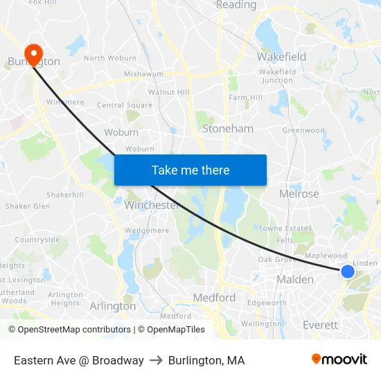 Eastern Ave @ Broadway to Burlington, MA map