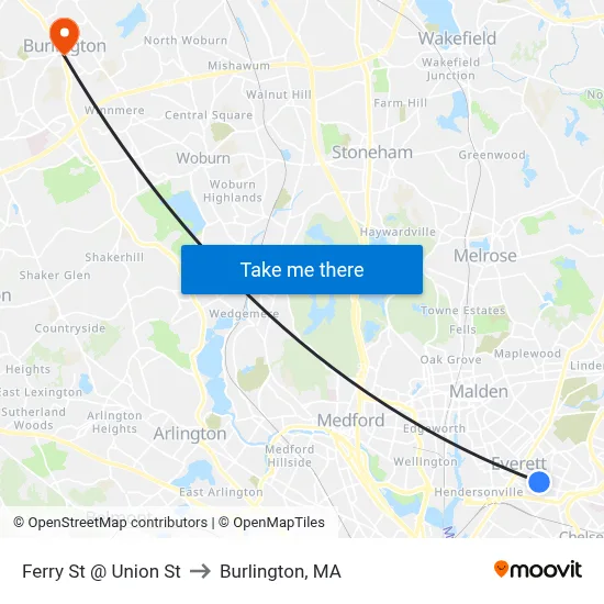 Ferry St @ Union St to Burlington, MA map