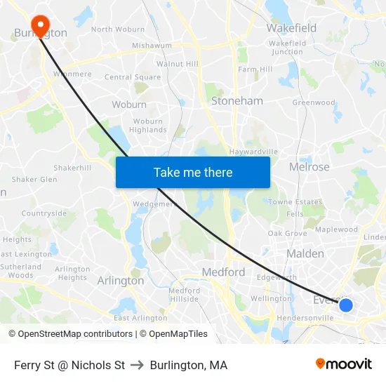 Ferry St @ Nichols St to Burlington, MA map