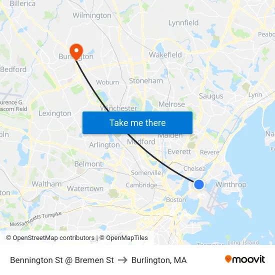 Bennington St @ Bremen St to Burlington, MA map