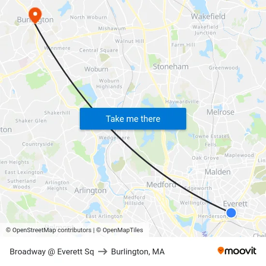 Broadway @ Everett Sq to Burlington, MA map