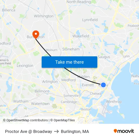 Proctor Ave @ Broadway to Burlington, MA map