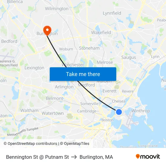 Bennington St @ Putnam St to Burlington, MA map