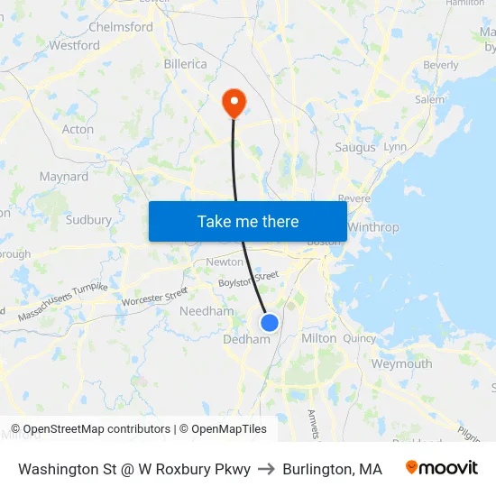 Washington St @ W Roxbury Pkwy to Burlington, MA map