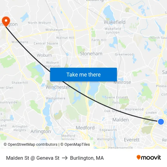 Malden St @ Geneva St to Burlington, MA map