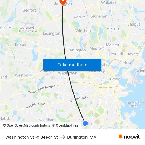 Washington St @ Beech St to Burlington, MA map