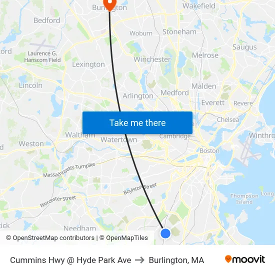Cummins Hwy @ Hyde Park Ave to Burlington, MA map
