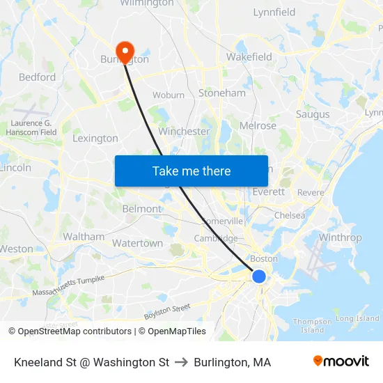 Kneeland St @ Washington St to Burlington, MA map
